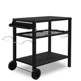 All Black Iron Movable Barbecue Cart With Mesh Basket (Color: Black)