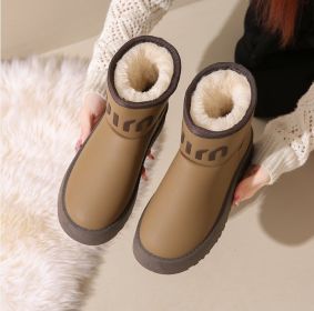 Winter new high-top fashion women's cotton boots leather waterproof and fleece warm leisure snow boots (Color: Khaki, size: 39)