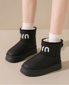 Winter new high-top fashion women's cotton boots leather waterproof and fleece warm leisure snow boots (Color: Black, size: 36)