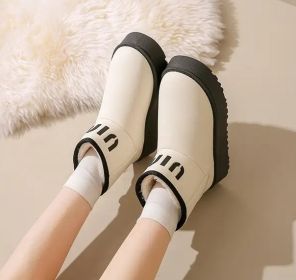 Winter new high-top fashion women's cotton boots leather waterproof and fleece warm leisure snow boots (Color: White, size: 40)